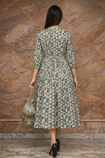 Women’s teal & beige geometric cotton midi dress full back view showing tie-up waist and flared silhouette
