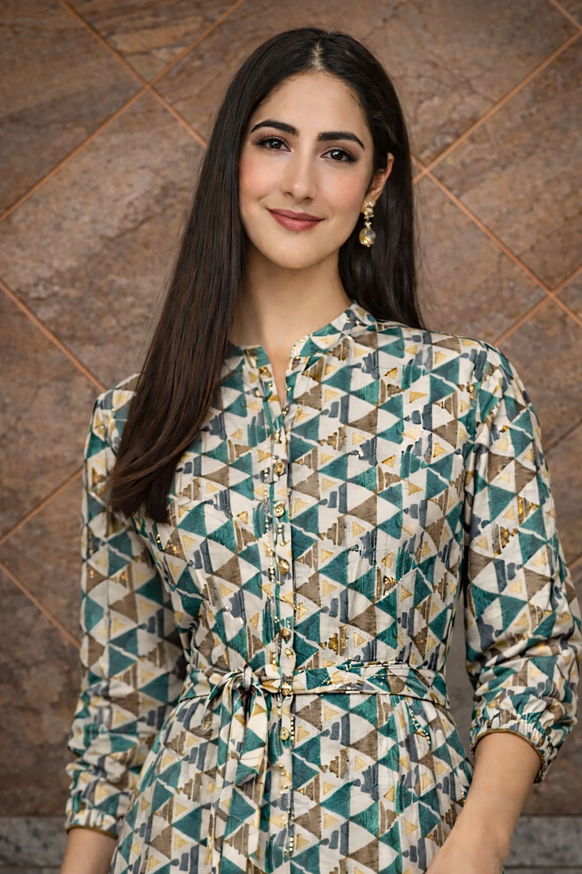 Women’s teal & beige geometric cotton midi dress close-up showing fabric texture, buttons and waist tie detail