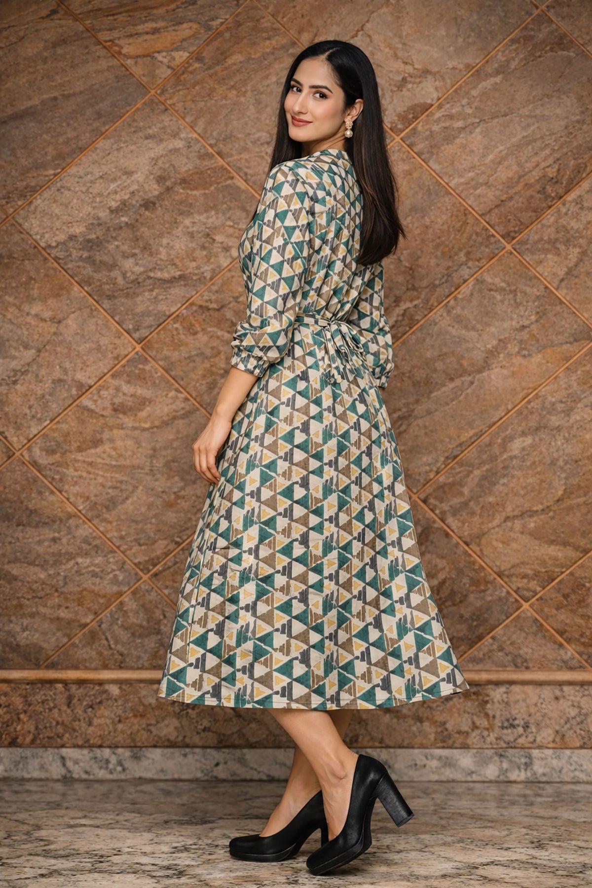 Women’s teal & beige geometric cotton midi dress side view with tie-up belt and three-quarter sleeves