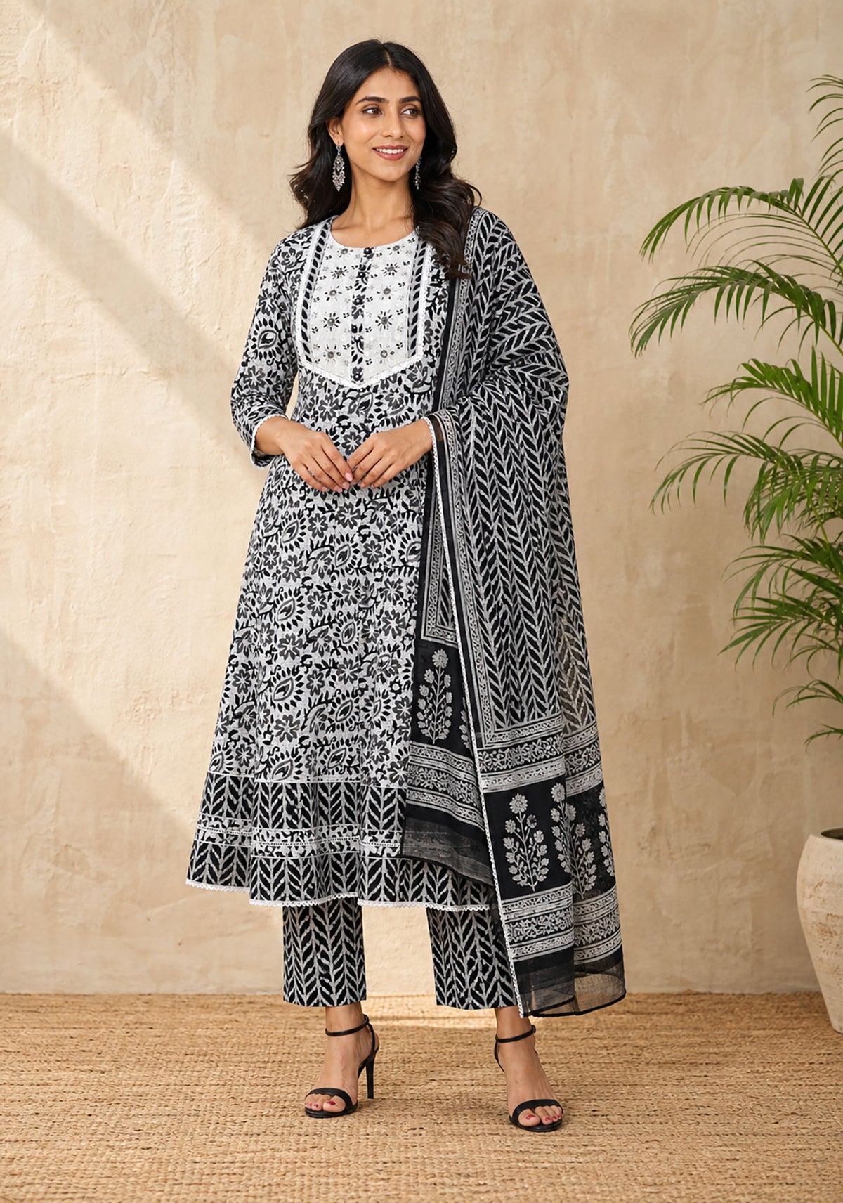 Black & Ivory Cotton Kurta Set with Dupatta for Women