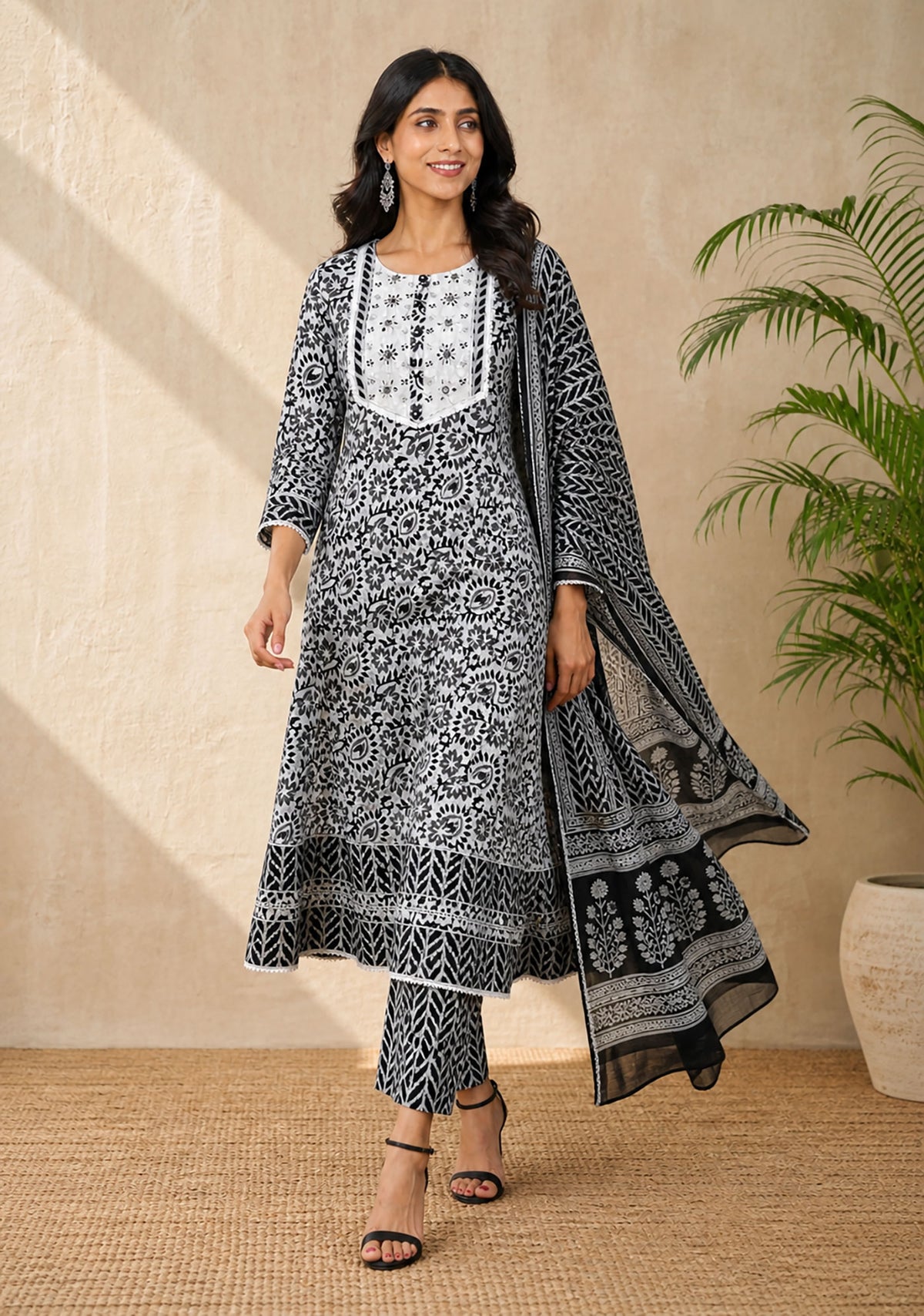 Black & Ivory Cotton Kurta Set with Dupatta for Women