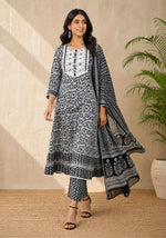 Black & Ivory Cotton Kurta Set with Dupatta for Women