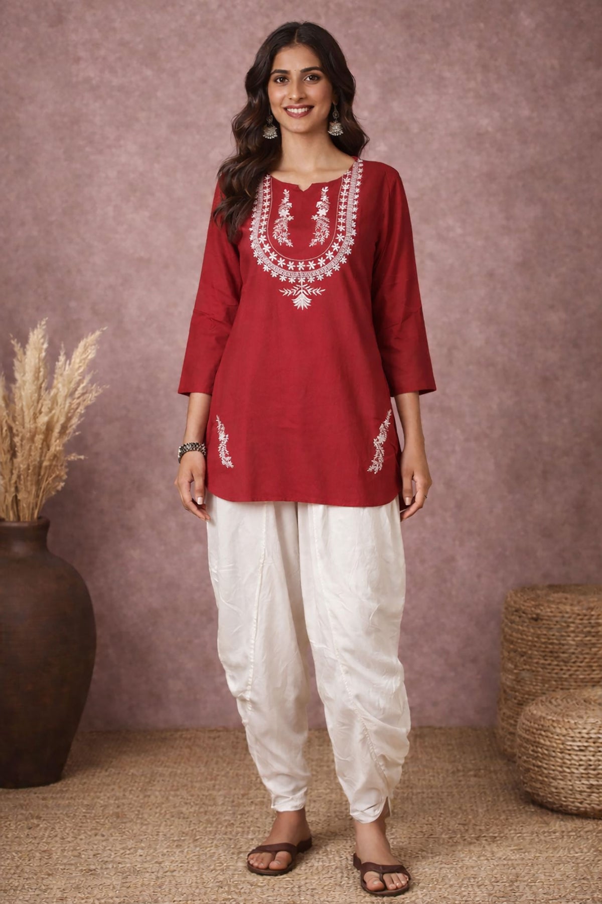 SN101 women’s crimson embroidered kurta set with white dhoti pants, three-quarter sleeves front view