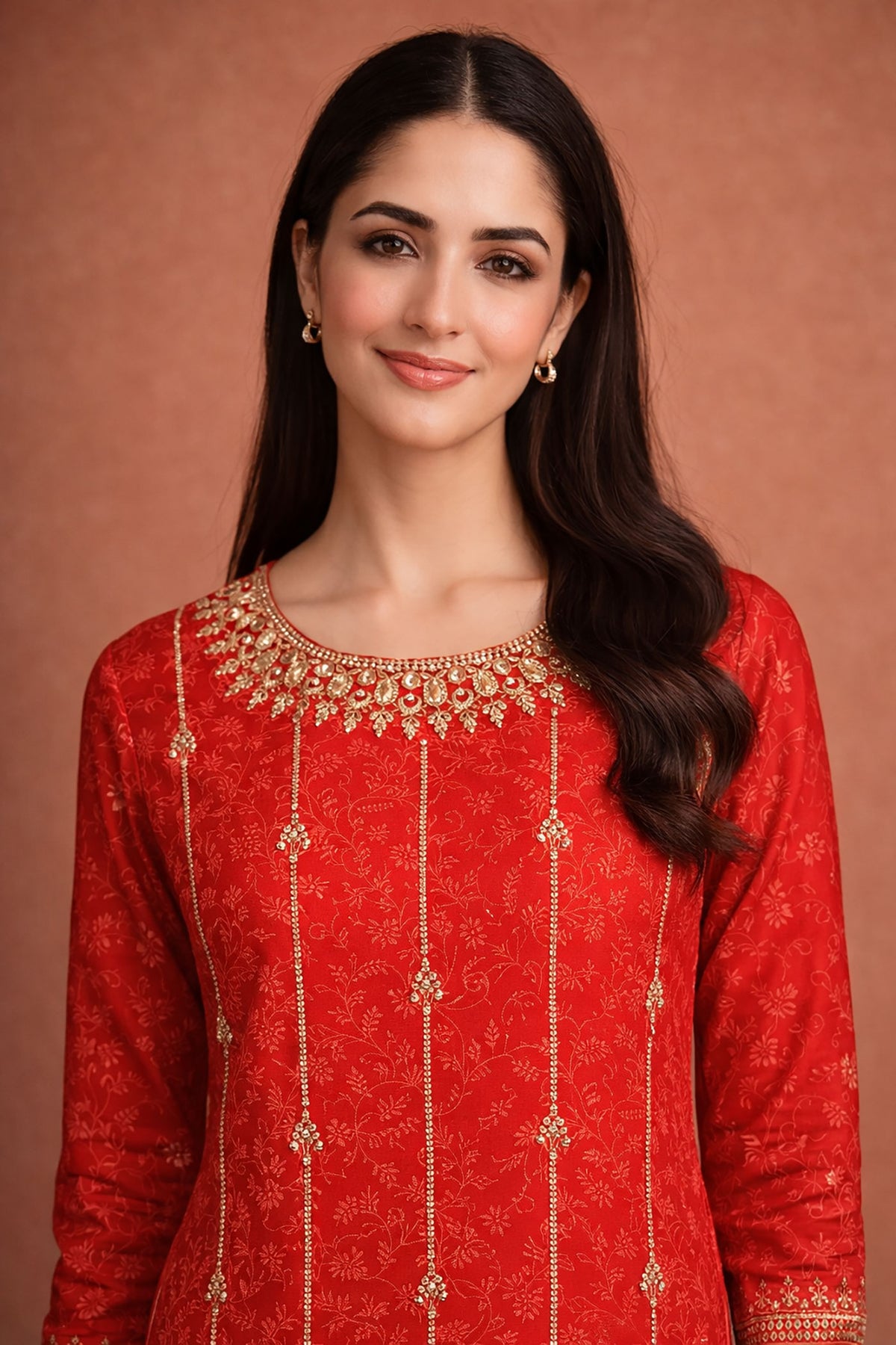 SN102 women’s red embroidered kurta set closeup showing neckline detailing and long sleeves festive wear