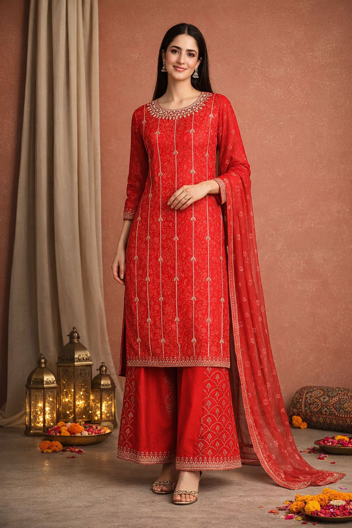 SN102 women’s red embroidered kurta sharara set with dupatta, straight fit festive wear front pose