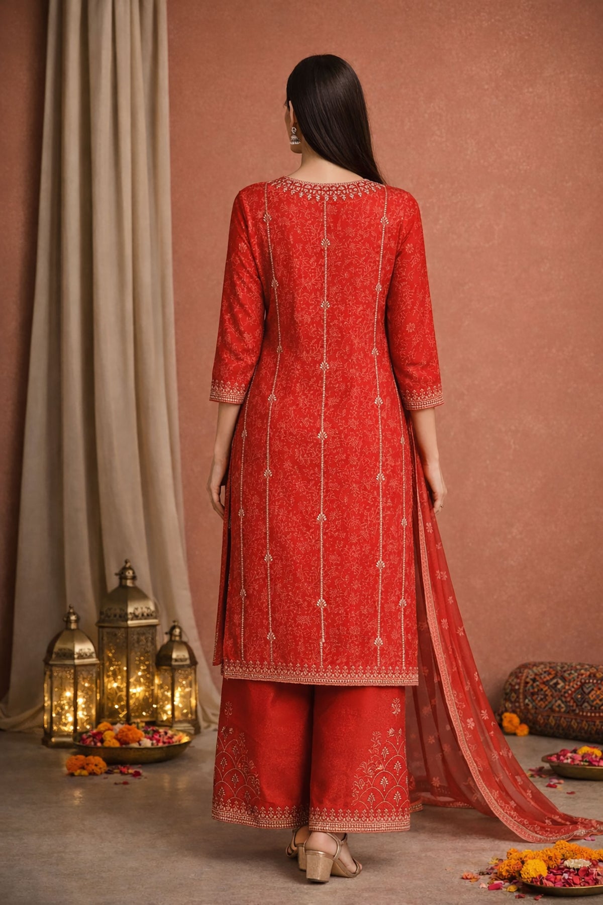SN102 women’s red embroidered kurta sharara set back pose showing full length silhouette and design