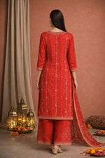 SN102 women’s red embroidered kurta sharara set back pose showing full length silhouette and design