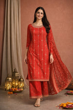 SN102 women’s red embroidered kurta sharara set walking pose with flowing dupatta festive ethnic wear