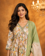 SN103 women’s floral V-neck Anarkali kurta closeup with mirror work and long sleeves