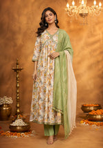 SN103 women’s ivory floral Anarkali kurta set with V-neck and long sleeves front pose