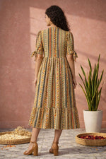 Back view of women’s ethnic tribal printed midi dress with A-line silhouette and detailing
