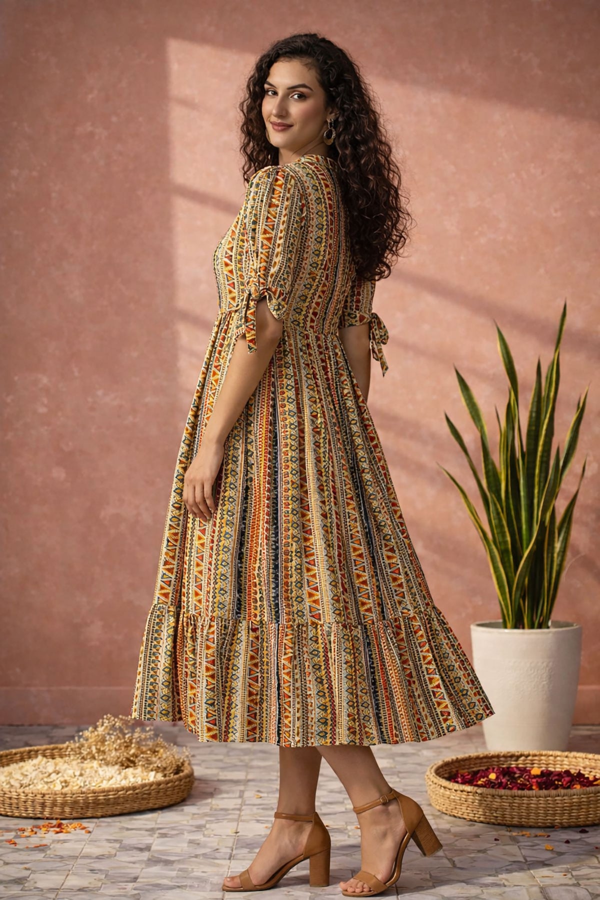 Side view of women’s ethnic tribal printed midi dress with A-line fit and gathered waist