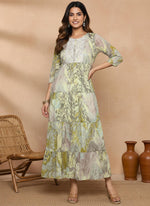 SN105 women’s olive abstract print embroidered maxi dress with three-quarter sleeves front pose