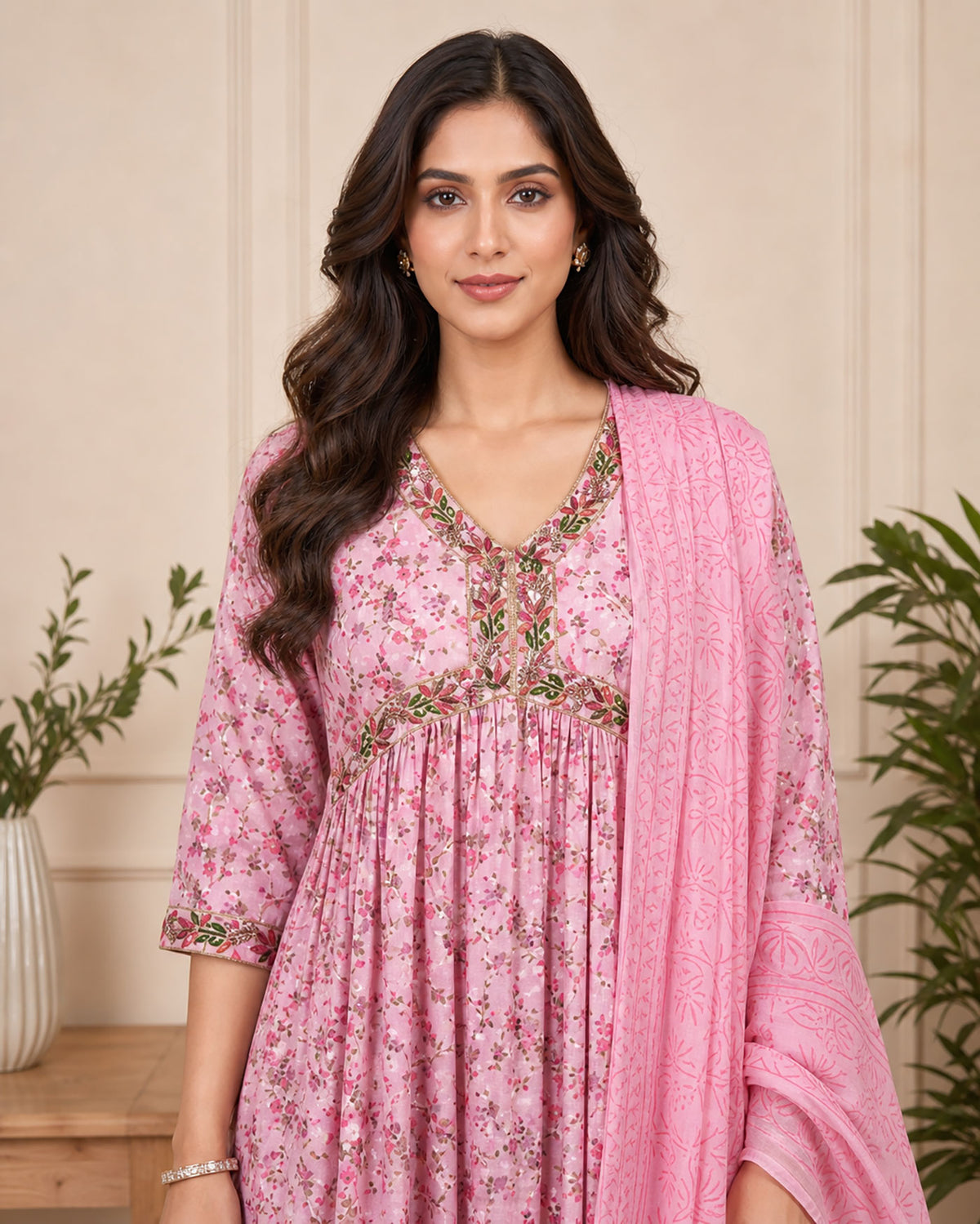 SN106 women’s blush pink floral kurta closeup pose with embroidered V-neck and long sleeves