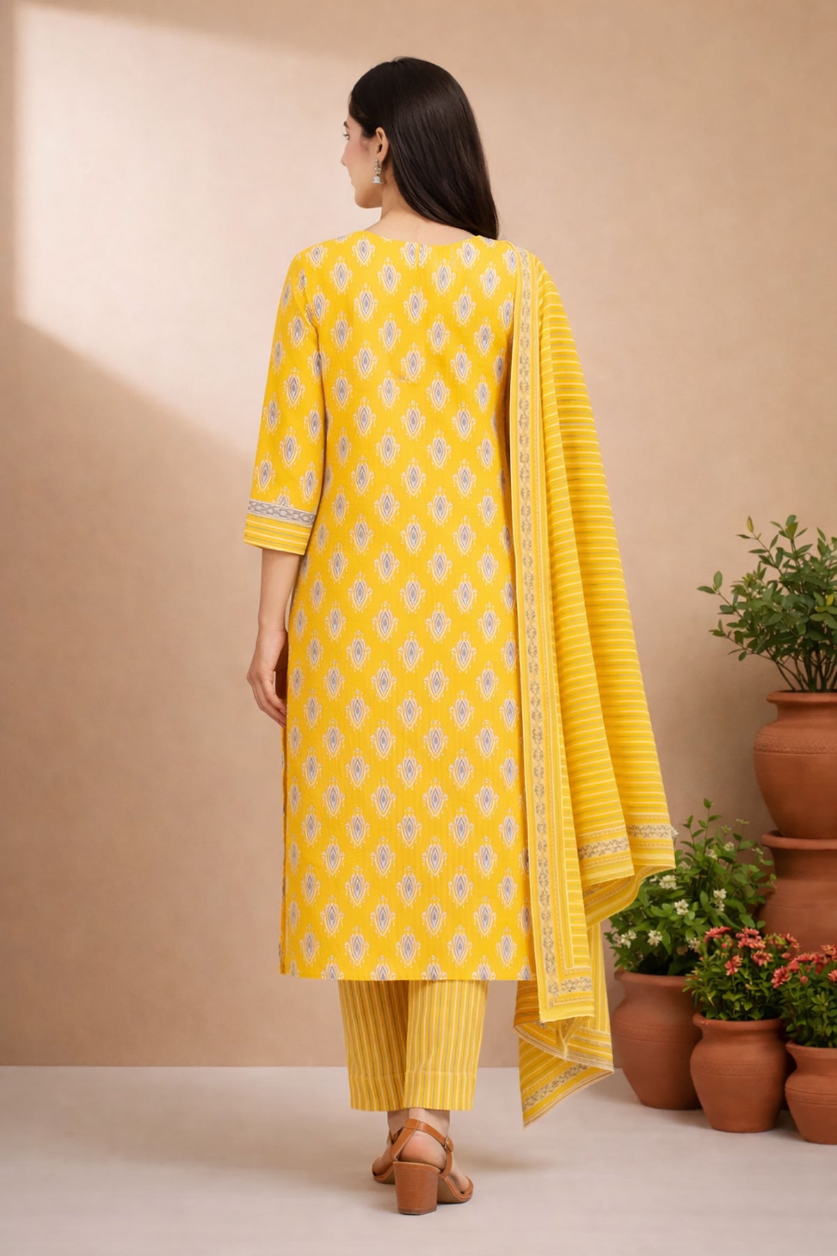 SN107 women’s mustard yellow printed kurta set cotton back pose full view