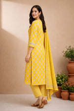 SN107 women’s mustard yellow kurta set with dupatta cotton side pose silhouette view