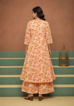 SN108 women’s floral embroidered coord set back pose with long jacket and wide leg palazzo pants