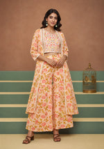 SN108 women’s floral embroidered crop top, palazzo pants and long jacket front pose on studio background