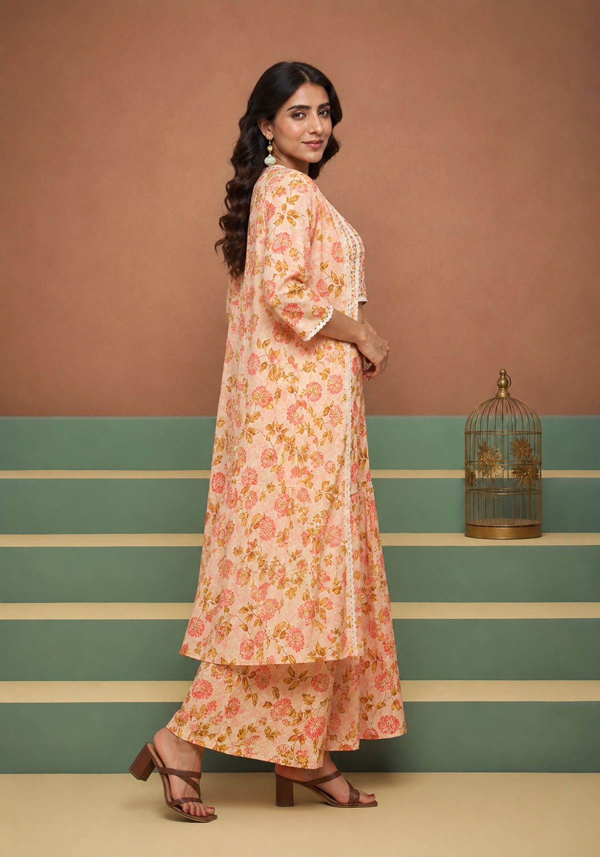 SN108 women’s floral embroidered palazzo coord set side pose with long jacket and crop blouse