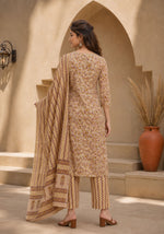 SN109 women’s beige floral kurta set back pose, straight silhouette with all-over print