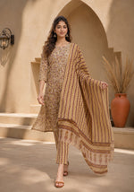 SN109 women’s beige floral kurta set walking pose, lightweight straight fit with coordinated dupatta