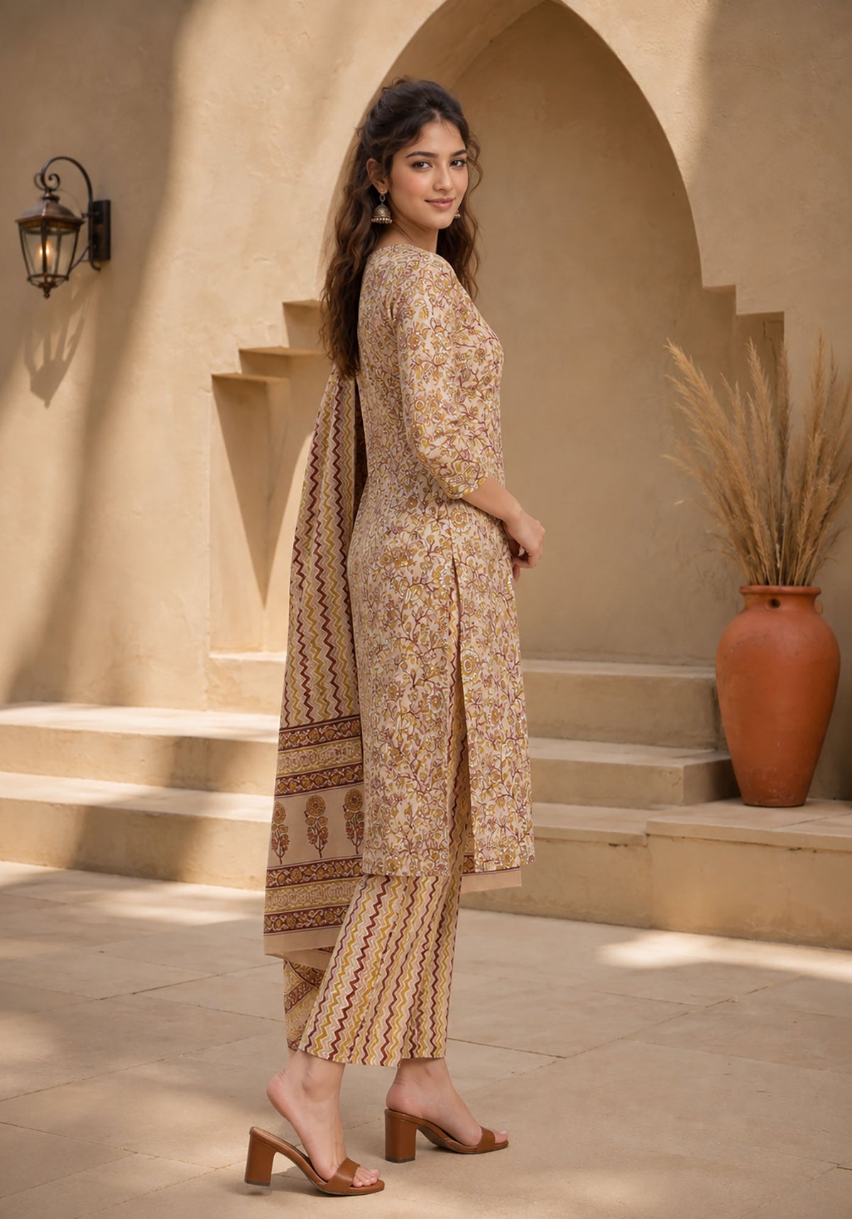 SN109 women’s beige floral kurta set side pose, straight fit, three-quarter sleeves with dupatta