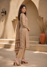 SN109 women’s beige floral kurta set side pose, straight fit, three-quarter sleeves with dupatta