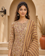 SN109 women’s beige floral kurta closeup, embroidered yoke detail, three-quarter sleeve ethnic wear