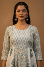 SN110 women’s blue printed cotton kurta set closeup showing round neckline and floral ethnic print