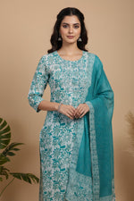 SN111 women’s teal floral cotton kurta set closeup showing round neckline and three-quarter sleeves