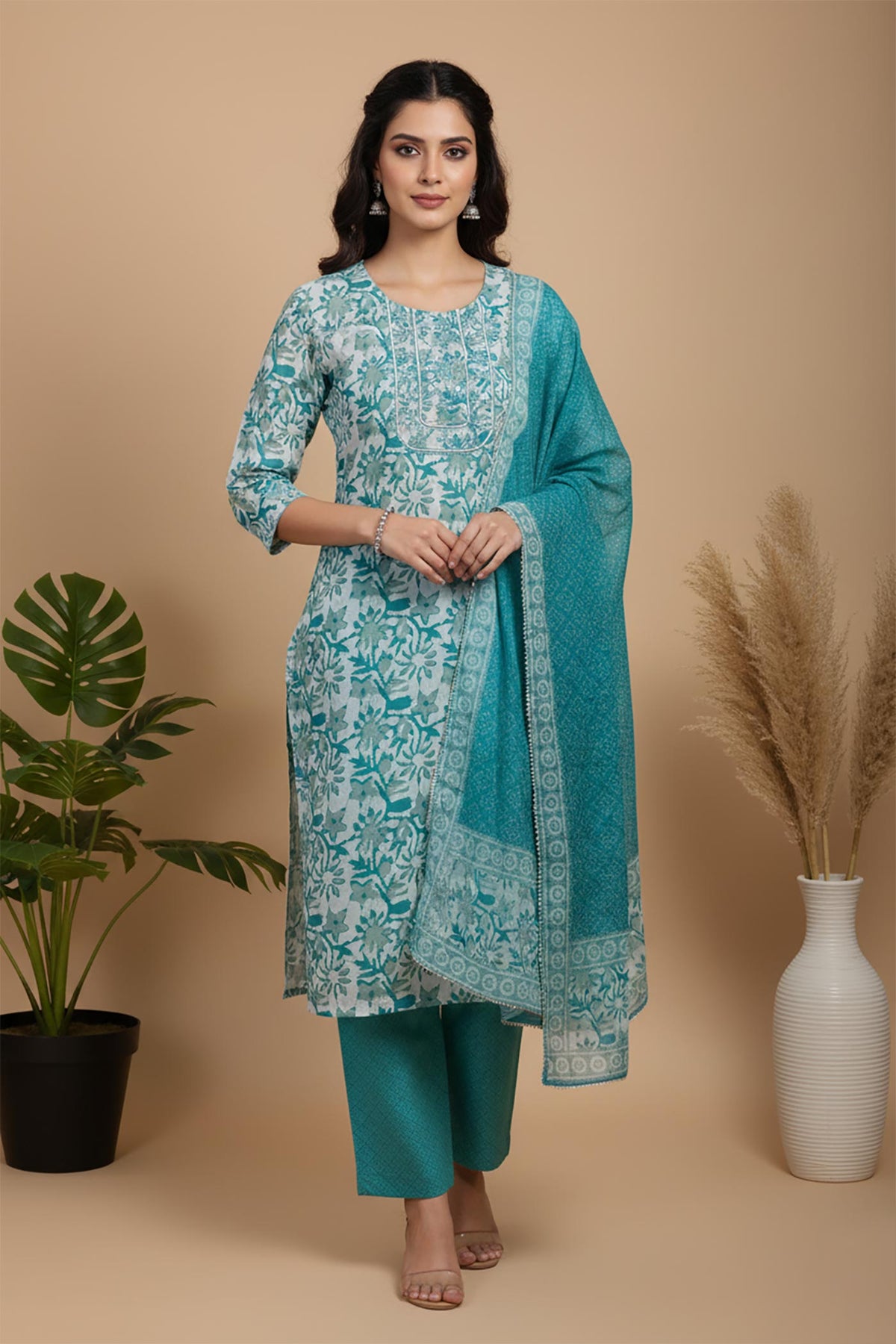 SN111 women’s teal floral cotton kurta set with dupatta, straight fit, round neck, three-quarter sleeves front pose