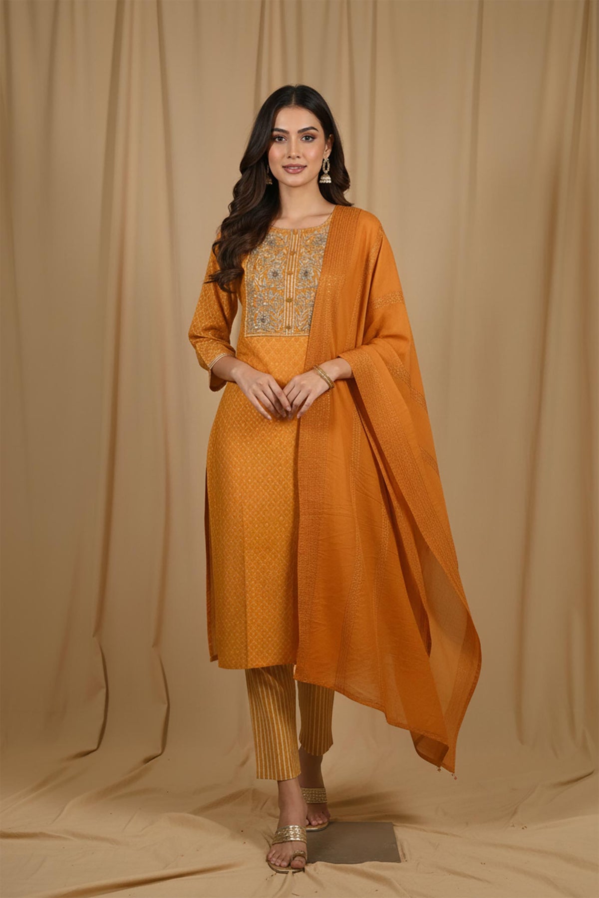 SN112 marigold embroidered kurta set for women with dupatta, straight fit, round neck, front pose styling