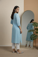 SN113 women’s sky blue cotton kurta pant set with straight fit and side slit side pose