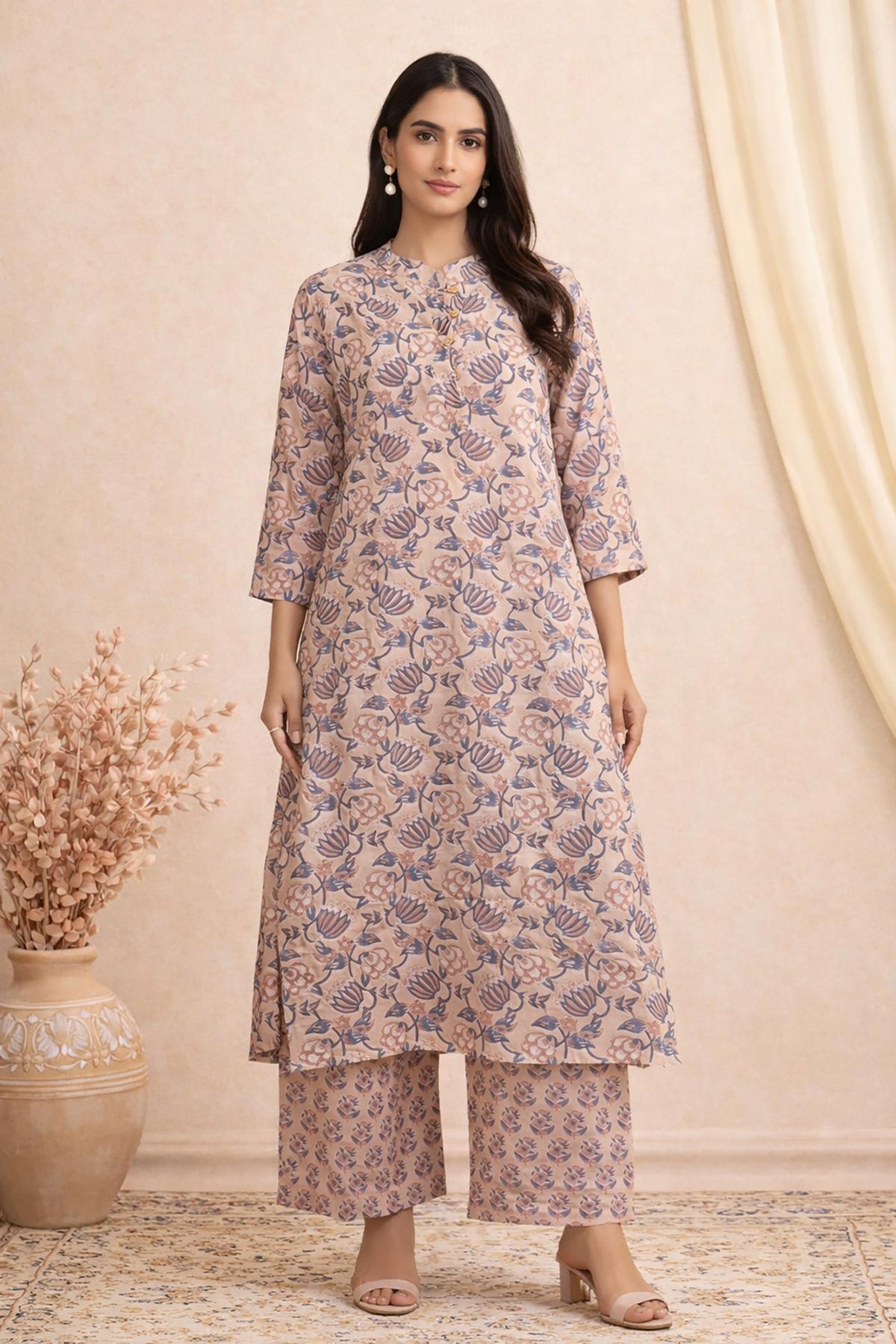 SN117 women’s dusty blush floral cotton kurta pant set with three-quarter sleeves and mandarin neckline front view