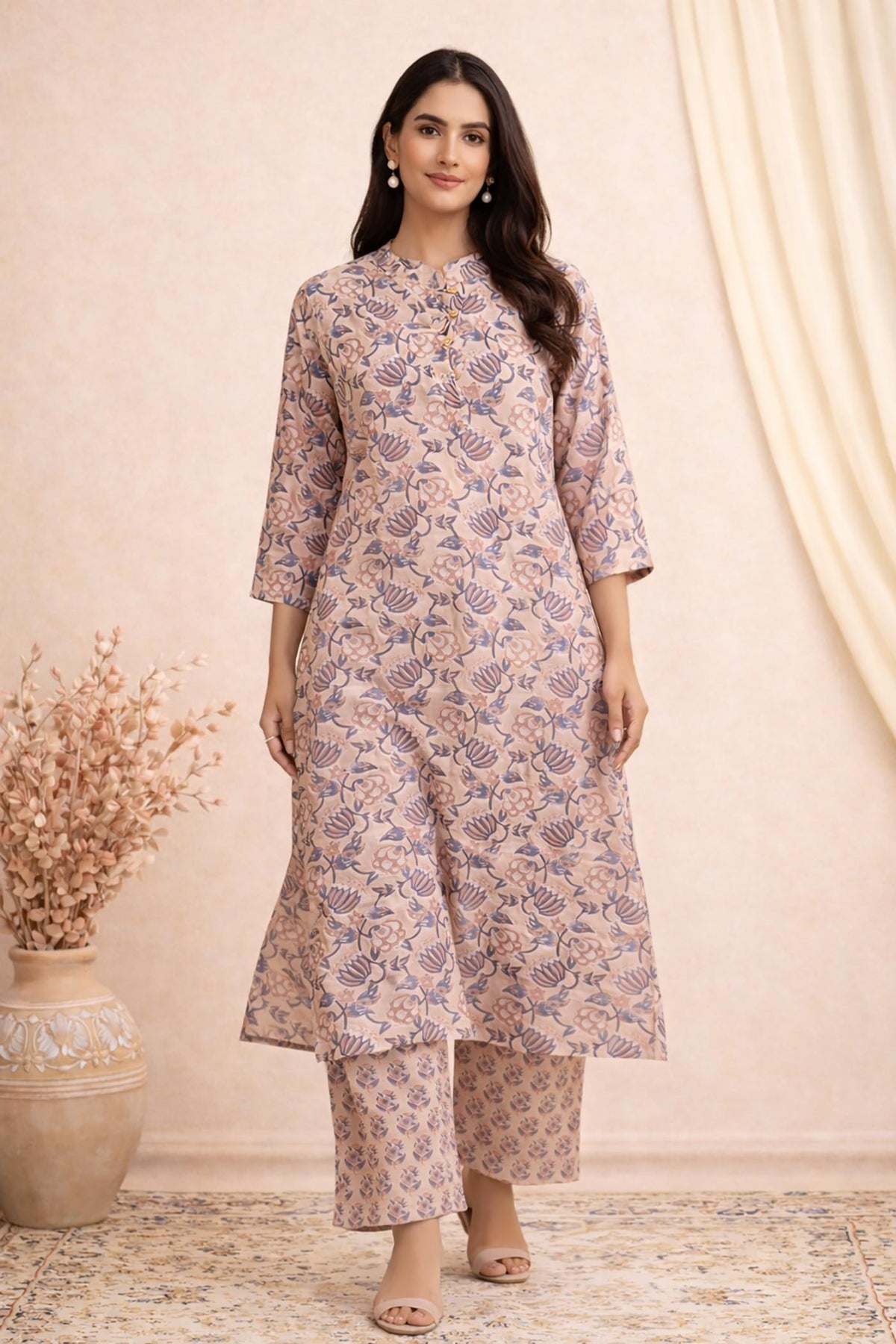 SN117 women’s dusty blush floral cotton kurta pant set with straight pants styled in walking pose