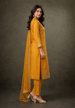 SN119 women’s mustard gold embroidered kurta set with dupatta, long sleeve round neck side pose