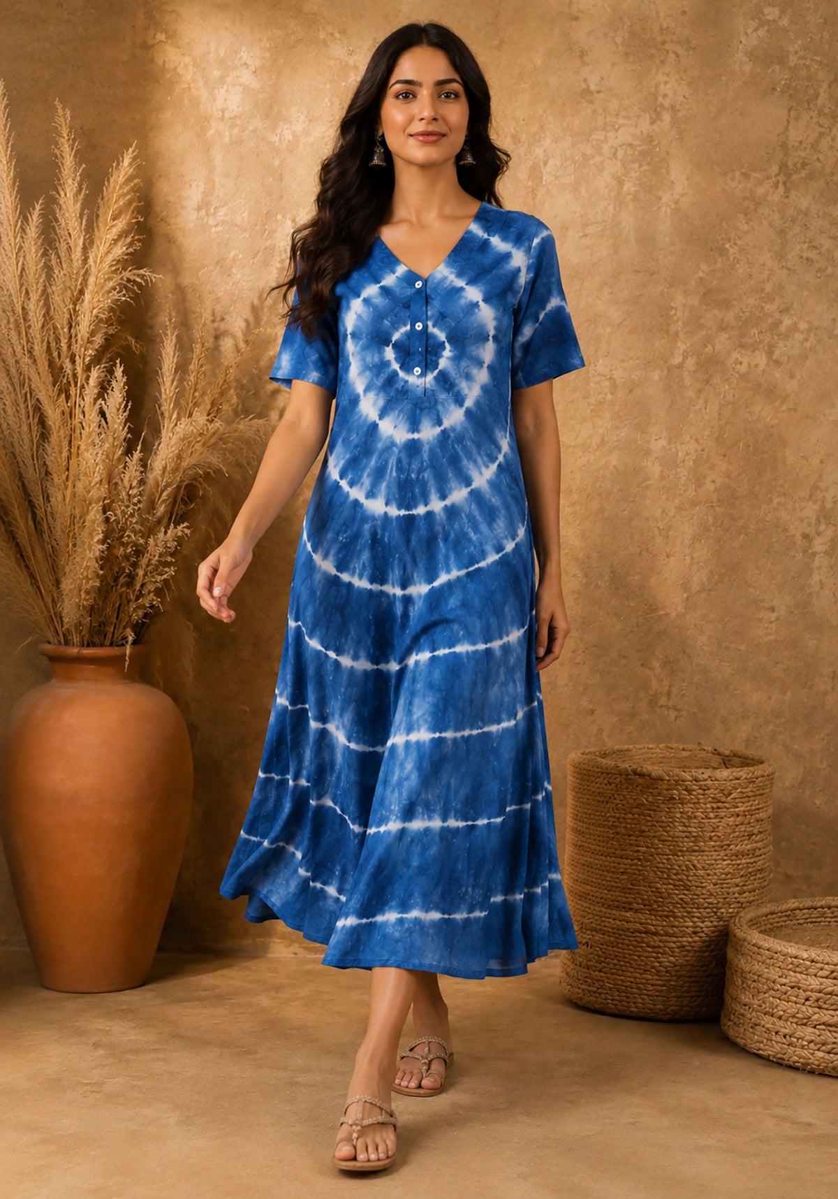 Walking pose of women's blue tie-dye A-line midi dress showing natural fabric movement and flared hemline.