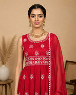 SN120 women’s red embroidered kurta neckline detail, sleeveless festive kurta set closeup