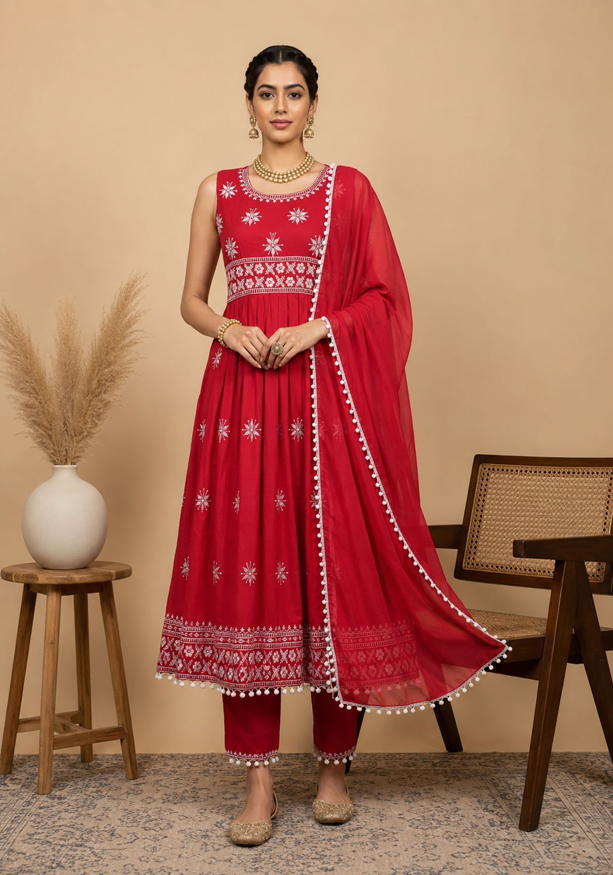 SN120 women’s red sleeveless embroidered kurta set with dupatta, front pose, festive ethnic wear