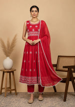 SN120 women’s red sleeveless embroidered kurta set with dupatta, front pose, festive ethnic wear