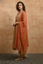 SN123 women’s mustard floral Anarkali kurta set with dupatta, side pose