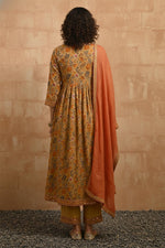 SN123 women’s mustard floral Anarkali kurta set back pose showing full silhouette