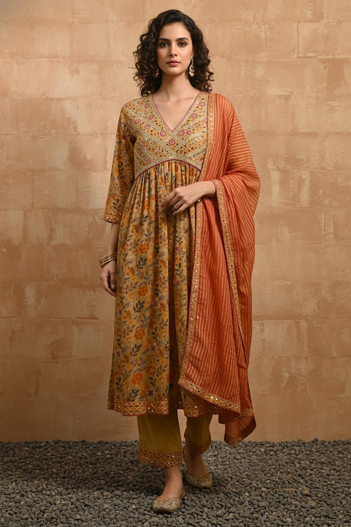 SN123 women’s mustard floral Anarkali kurta set with V-neck and dupatta, front pose