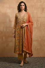 SN123 women’s mustard floral Anarkali kurta set with V-neck and dupatta, front pose