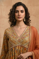 SN123 women’s mustard floral Anarkali kurta V-neck embroidered yoke detail closeup
