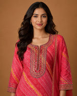 SN124 women’s rani bandhej kurta set closeup showing mirror embroidery neckline detail