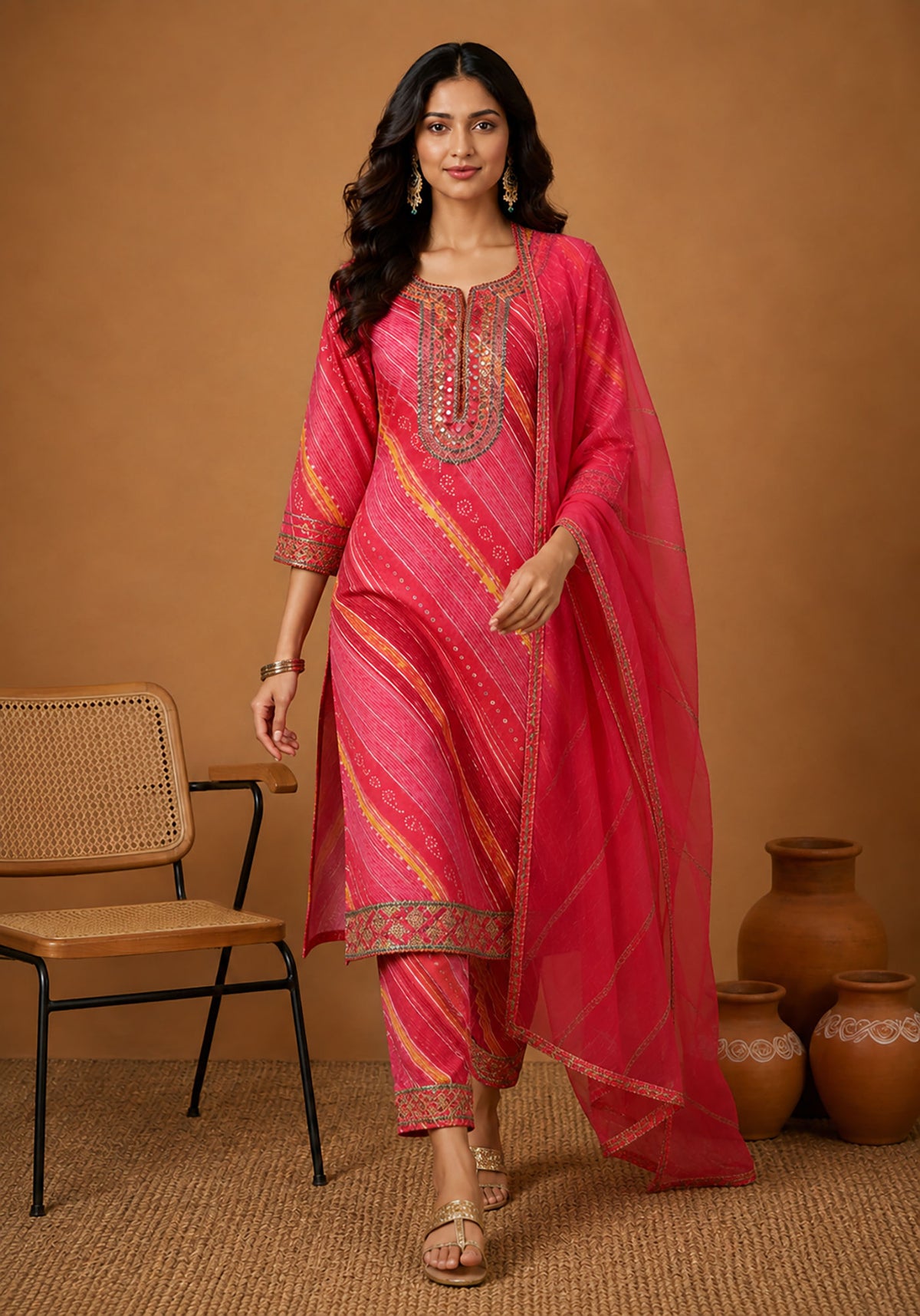 SN124 women’s rani bandhej kurta set with straight silhouette walking pose