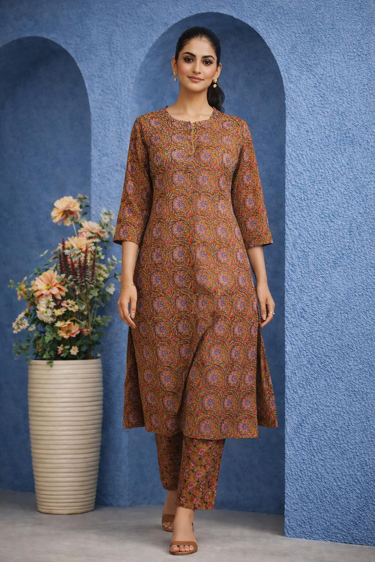 SN125 women’s brown floral printed cotton kurta set walking pose with matching pants and relaxed fit