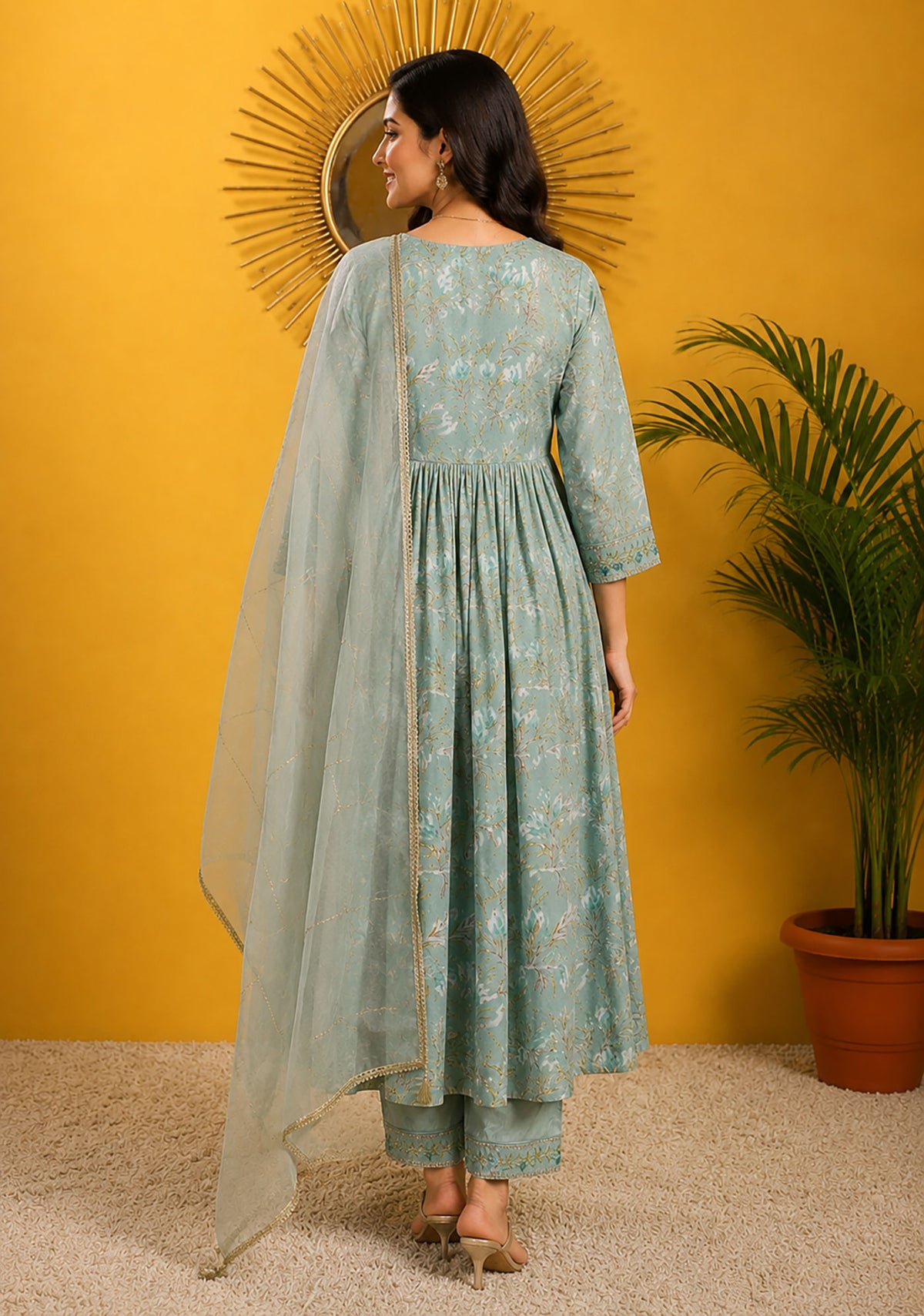 SN127 women’s sage green Anarkali kurta set back pose with long sleeves and flared design