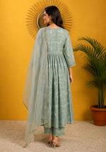 SN127 women’s sage green Anarkali kurta set back pose with long sleeves and flared design
